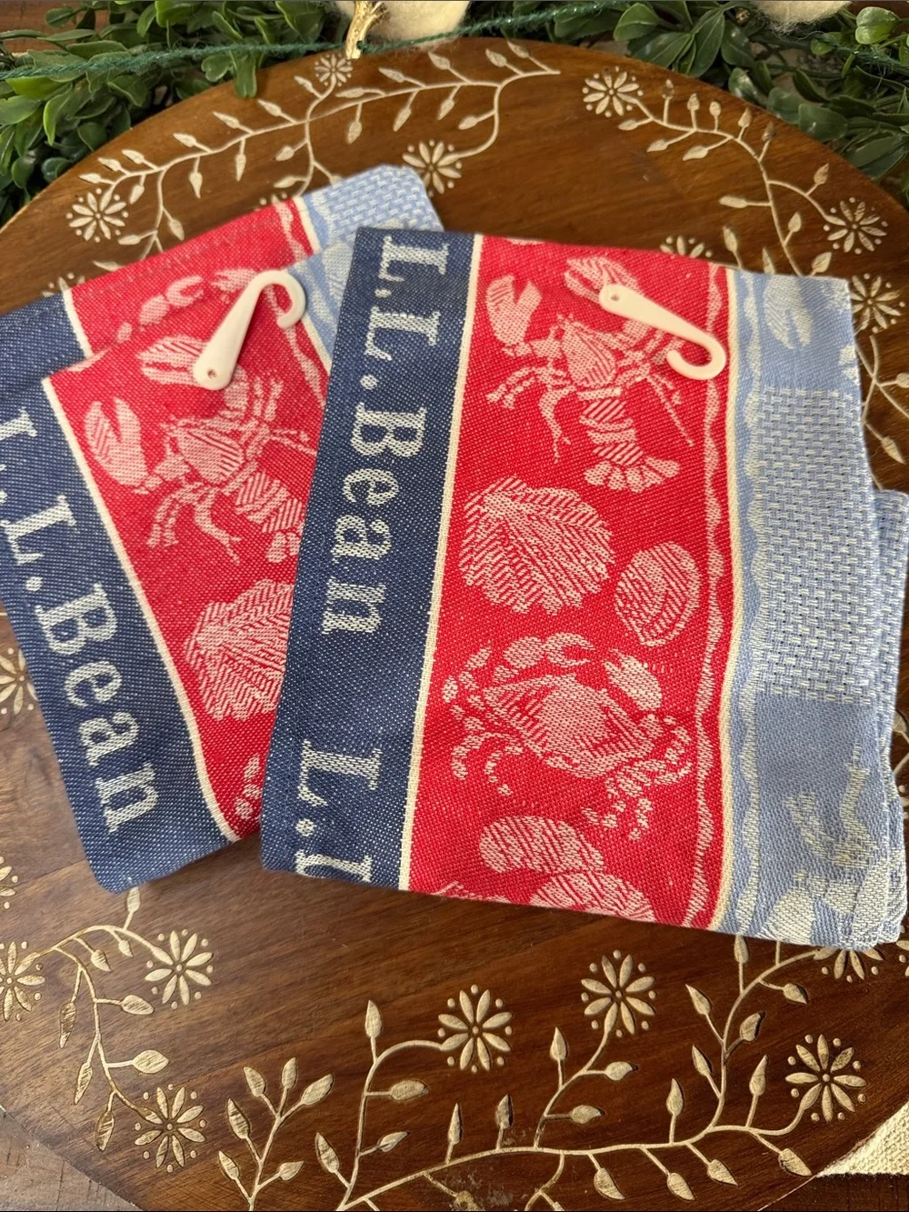 L.L. Bean Red and Blue Nautical Woven Kitchen Towels NWT